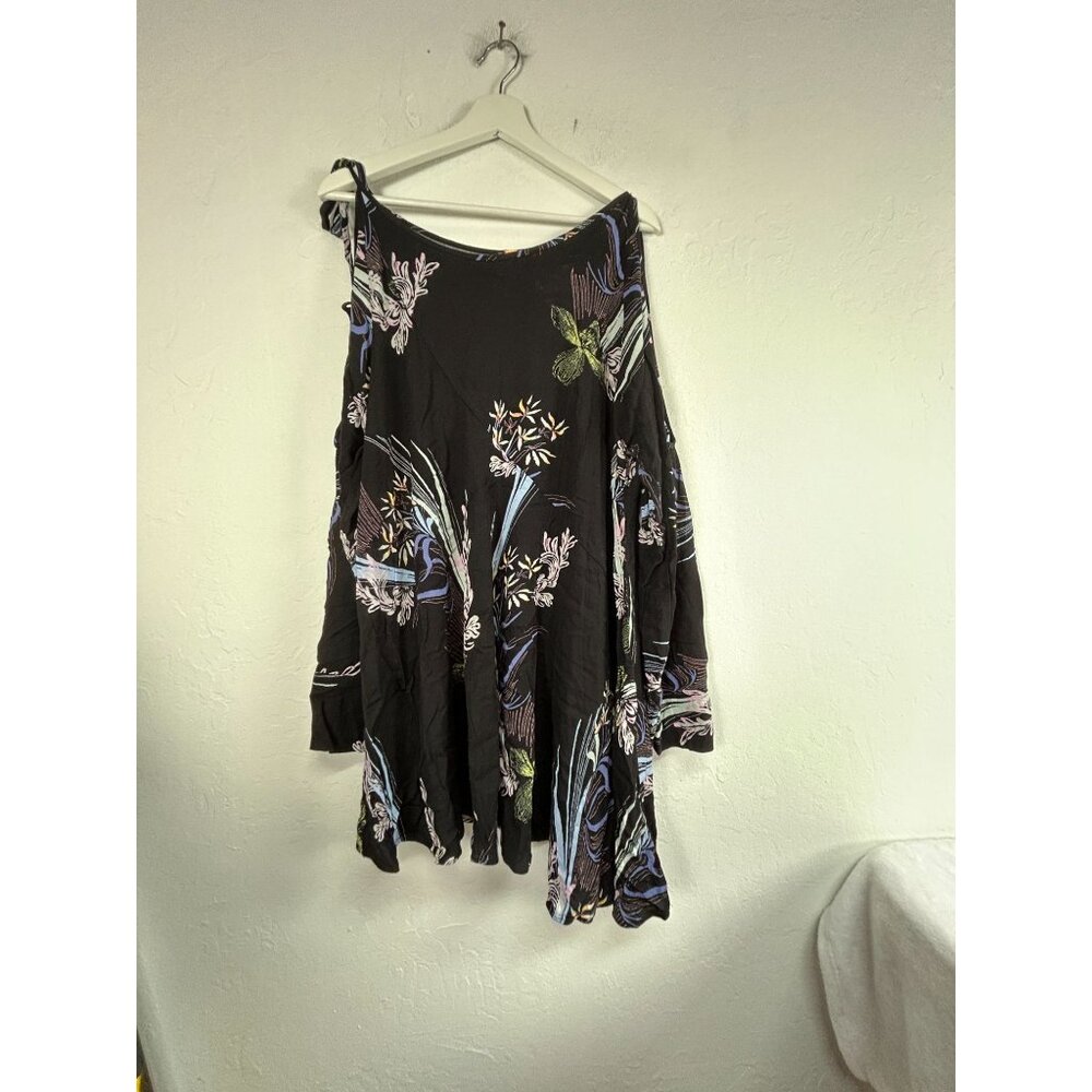 Free People Womens Clear Skies Cold Shoulder Tunic Dress Large Black Floral Boho